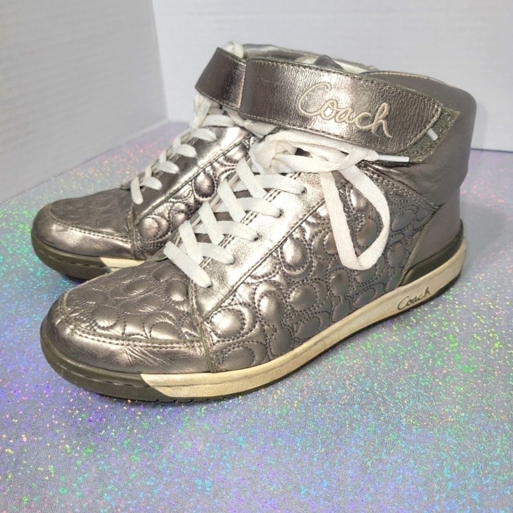 Y2k Coach Nanette High Top Sneakers Cs Monogram Silver Metallic Patent L…